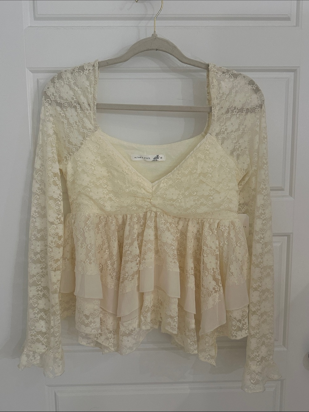 Altar'd State Cream Lace Ruffled Peplum Blouse